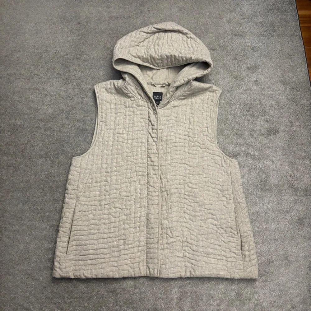 Eileen Fisher Quilted Cotton Flannel Hooded Textured Vest Tan Women’s - Picture 2 of 8